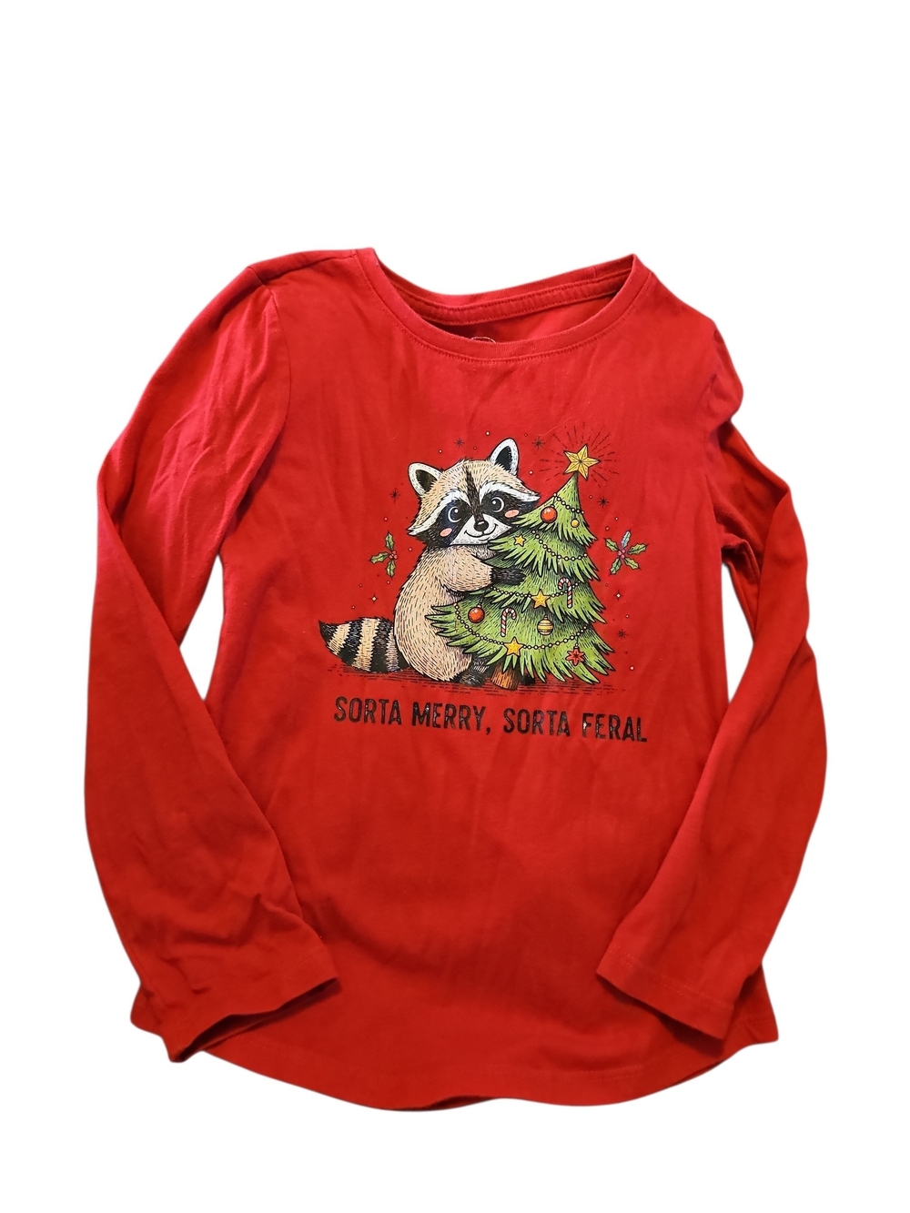 Kids Red Long-Sleeve Holiday Raccoon Tee Christmas Sorta Feral Size 6 6x